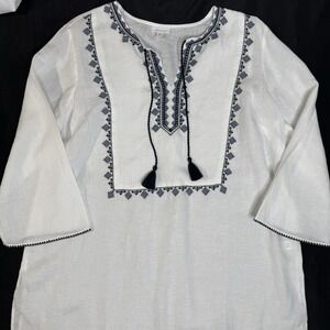 Pure Jill Womens XL Tall Embroidered Tunic 100% Linen Tassel White Blue Vacation